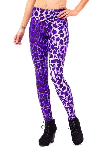 Women's Purple Leopard Print Leggings: UV Black Light Reactive - Pleas –  Funstigators