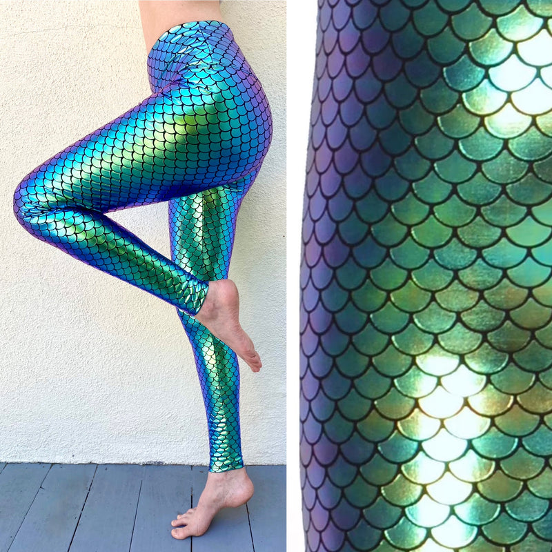 Teal Green Mermaid Pattern, Holographic Fish Scale Print Leggings by Rabbit  And Pencil