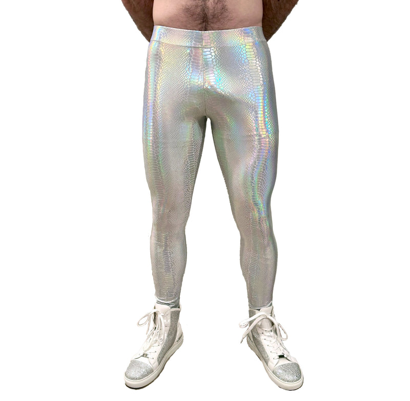 Snake White: Holographic Iridescent Pearl White Snake Skin Meggings - Men's Leggings & Rave Gear