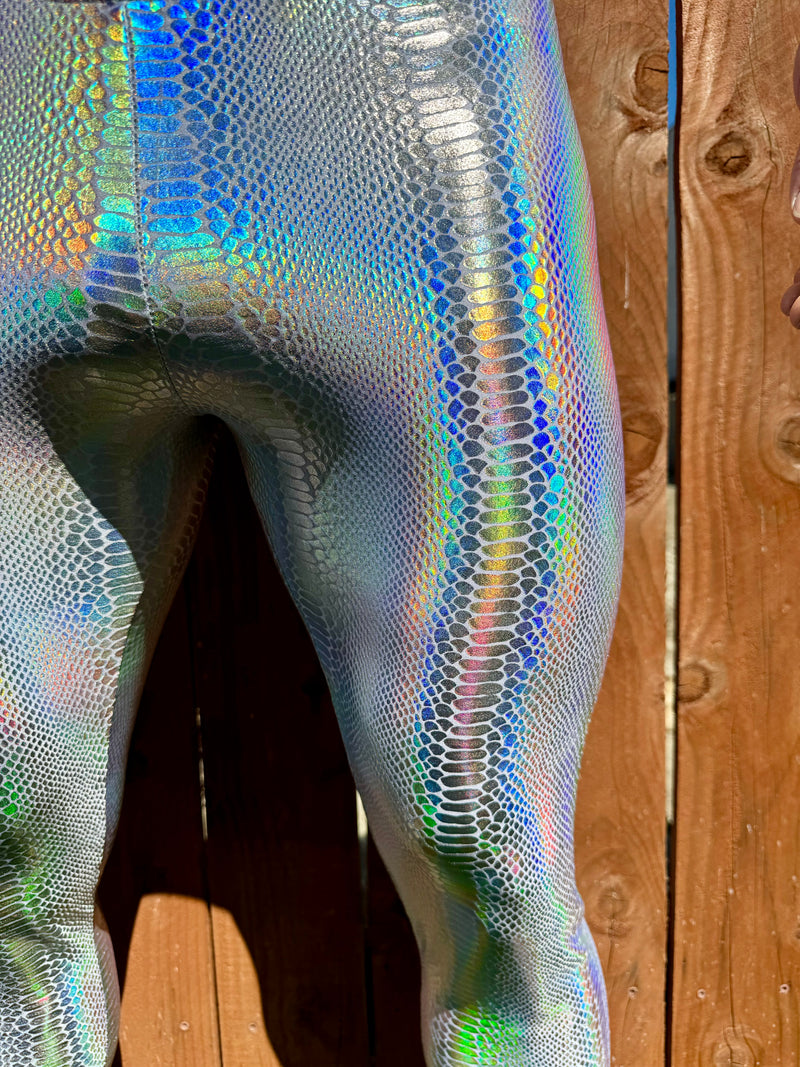 Snake White: Holographic Iridescent Pearl White Snake Skin Meggings - Men's Leggings & Rave Gear