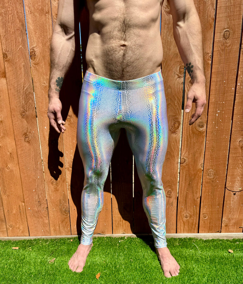 Snake White: Holographic Iridescent Pearl White Snake Skin Meggings - Men's Leggings & Rave Gear