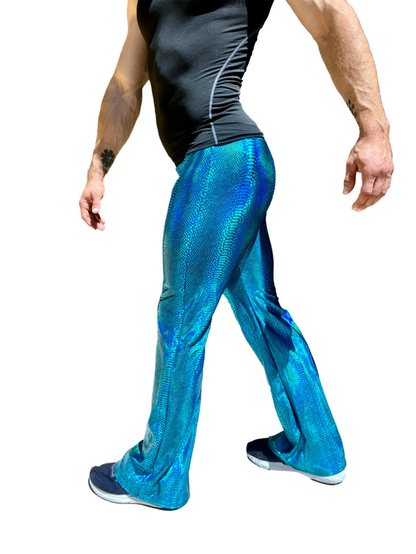 Snake Turquoise: Metallic Mens Flare Pants - Snake Skin Print Bell Bottoms