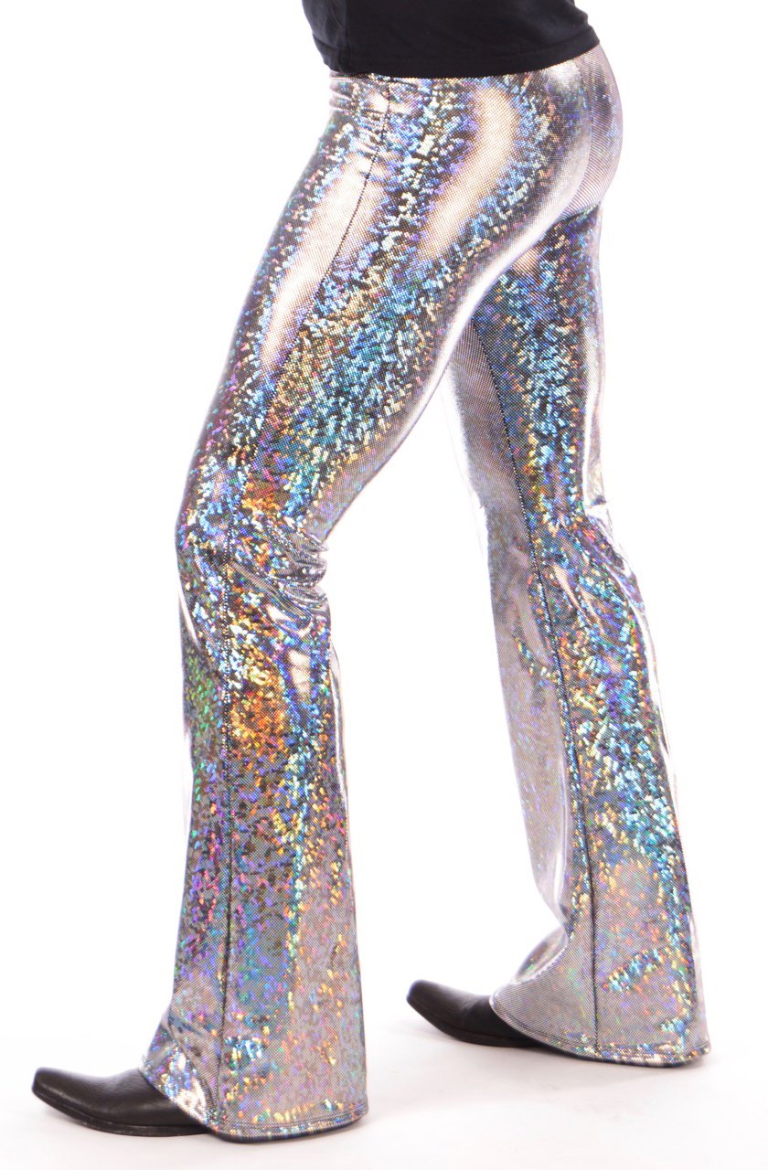 Disco Silver: Holographic Silver Mens Flares - 70's Mens Bell Bottoms –  Funstigators