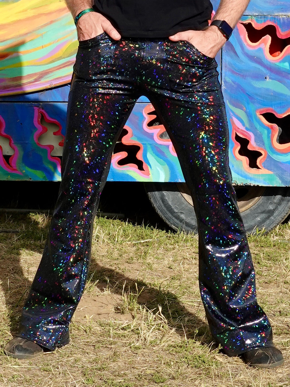 4 Pocket Merman Flare Pants - Holographic Metallic Green 2024 Fish Flare Bell Bottoms