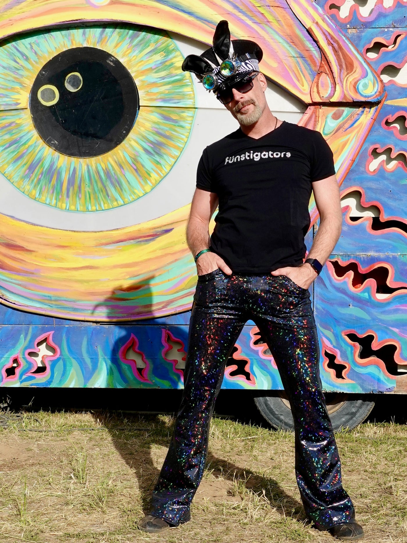 4 Pocket Space Flare Pants sold // Black Light reactive // Mens UV Galaxy Bell Bottoms