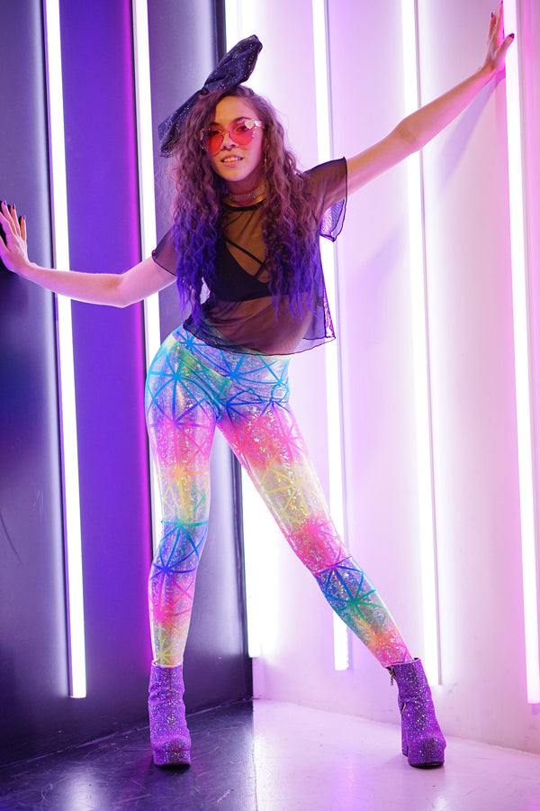 Women's Rainbow Geo Holographic Leggings - Unicorn Rainbow